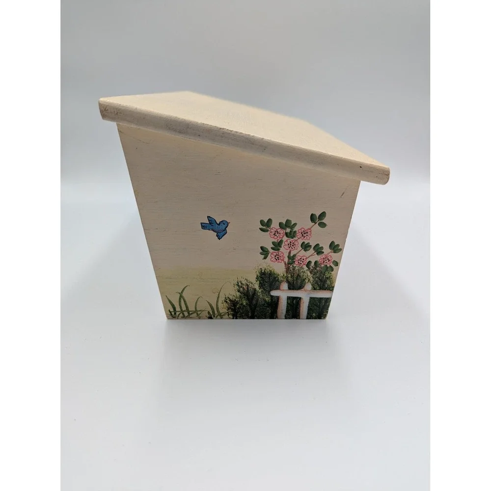 Vintage Cottagecore Wood Recipe Box Cream Hand Painted Garden Scene